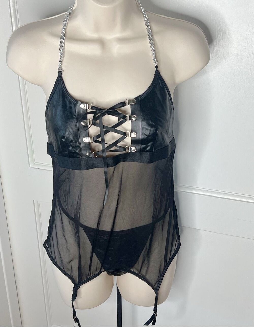 Dreamgirl Faux Leather Lace Up Chemise Garter Dress Black Size Small